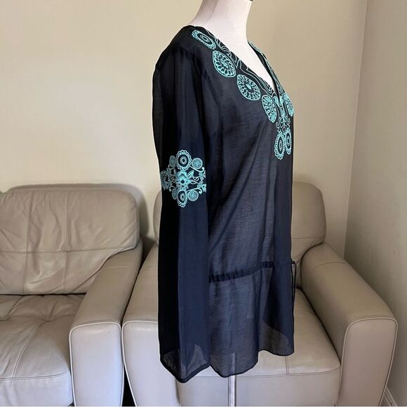 Saks Fifth Avenue Sz M Cotton Silk Embroidered Blouse Tunic Drawstring Black - Picture 11 of 12